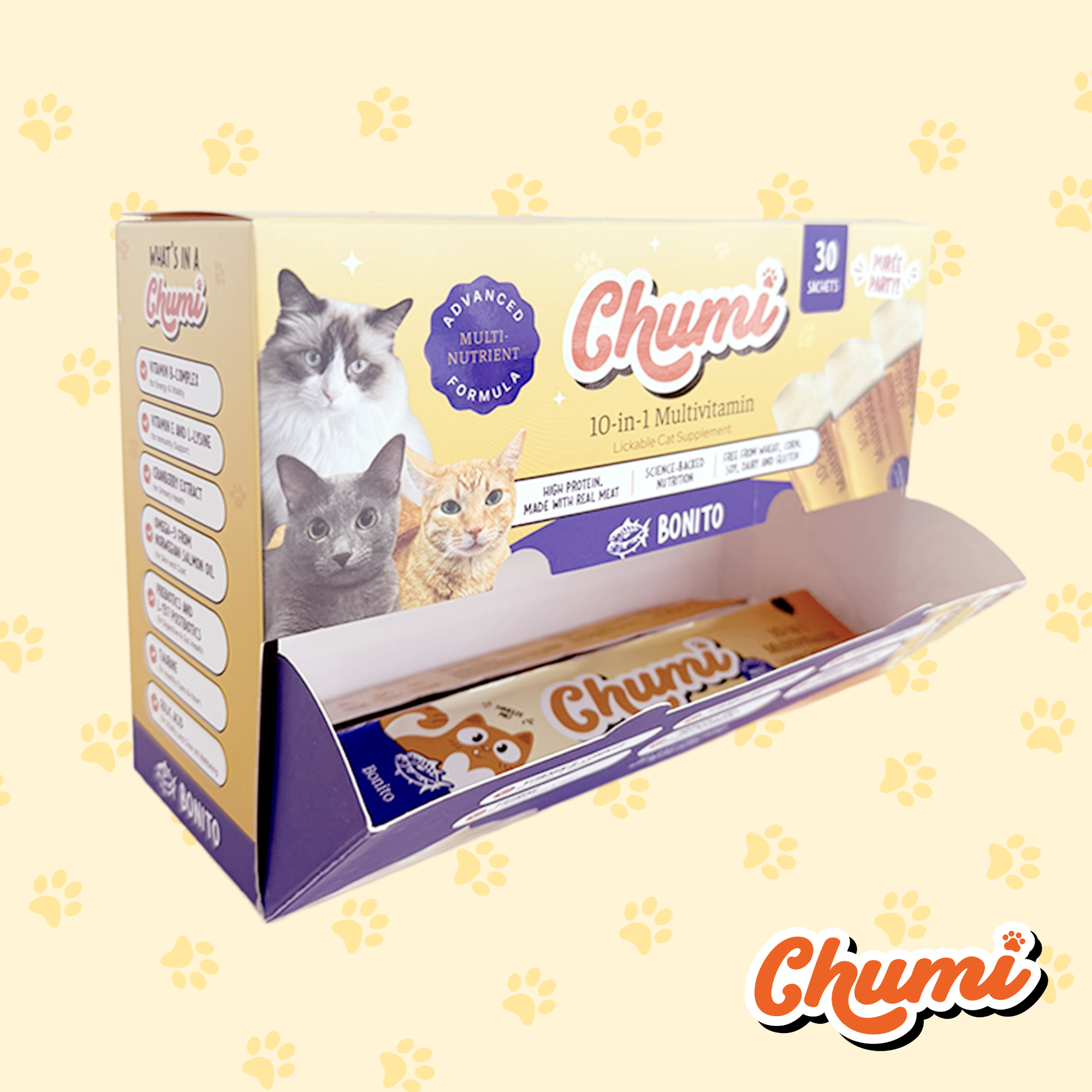 Chumi cat treats packaging on a light yellow background with paw prints