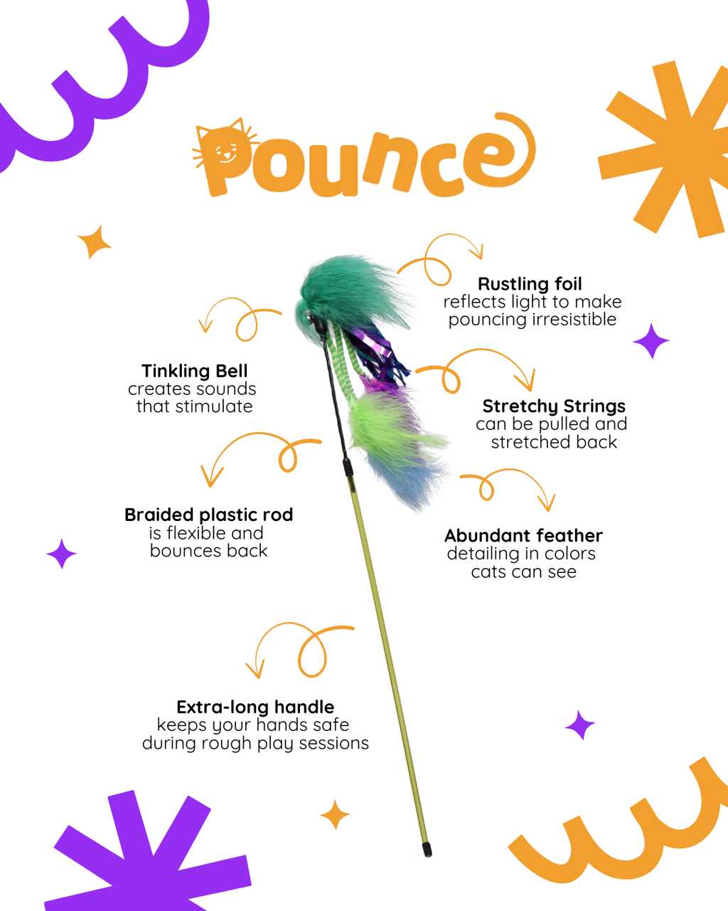 POUNCE CAT Premium Feather Teaser Wand Crinkling Durable Purple Green Cat Toy with Bell and Foil