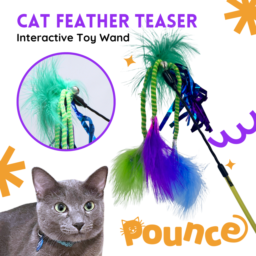 POUNCE CAT Premium Feather Teaser Wand Crinkling Durable Purple Green Cat Toy with Bell and Foil