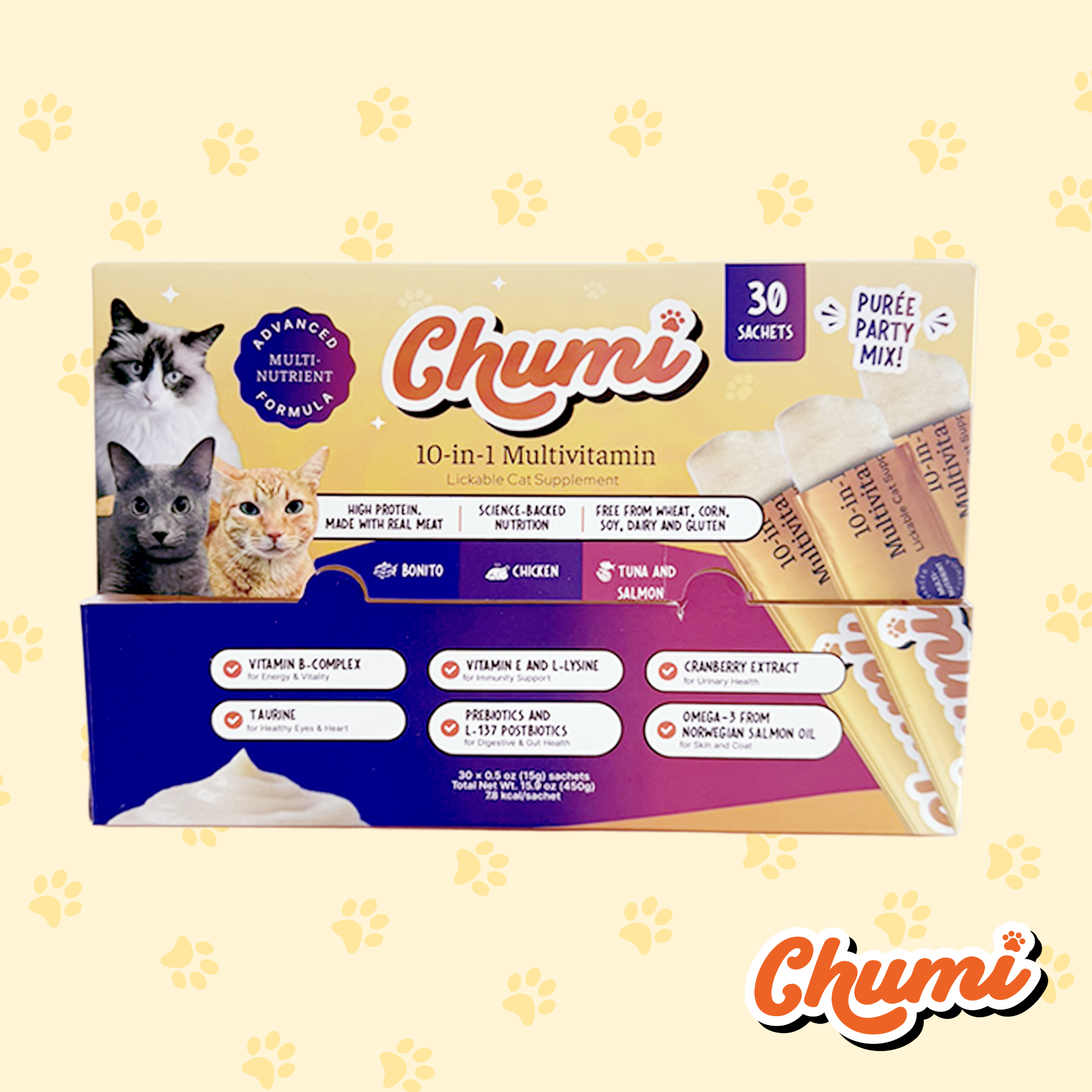 Chumi – 10-in-1 Lickable Cat Multivitamin – Variety Pack 3 Flavors (30-Pack)