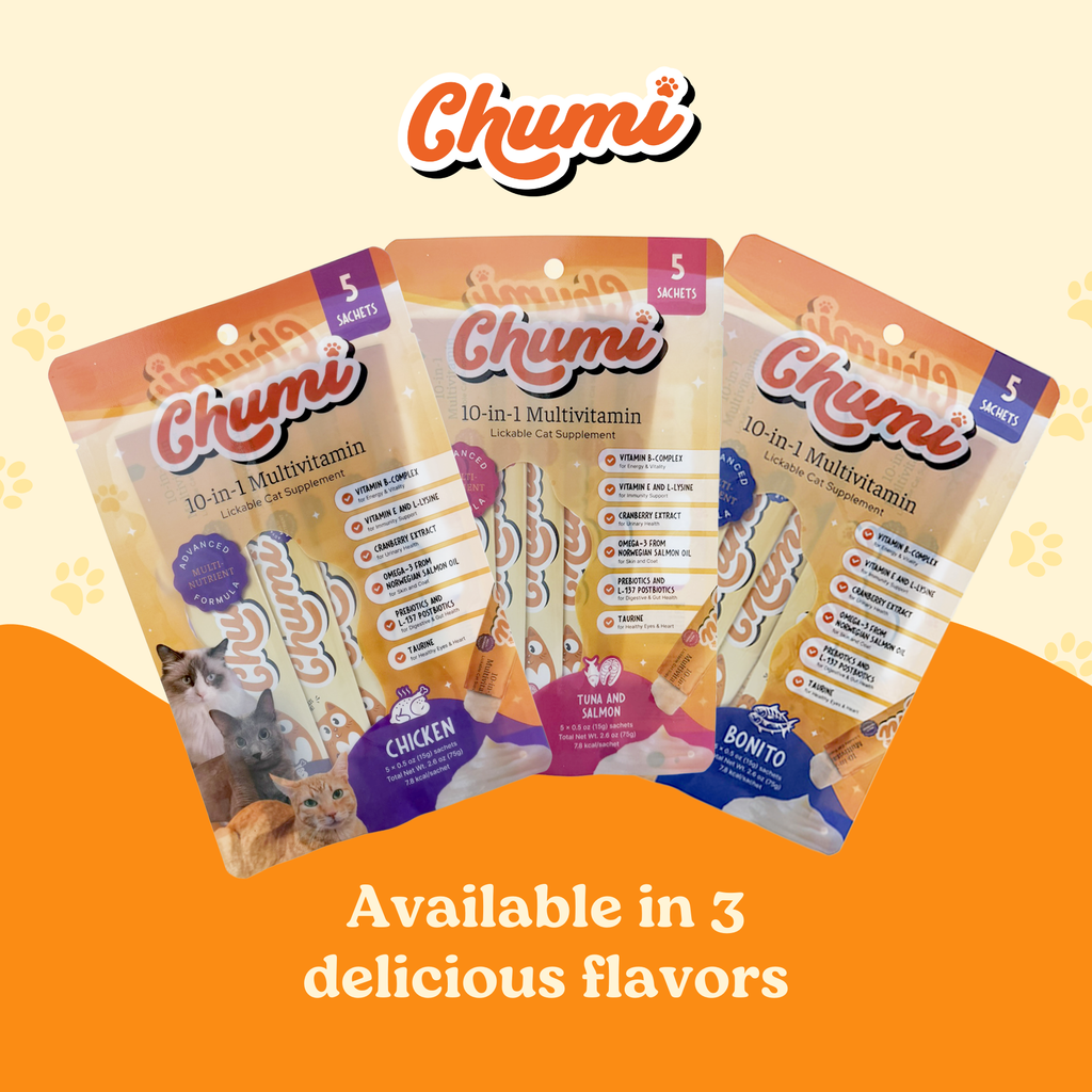Three packages of Chumi cat treats on a yellow and orange background with the Chumi logo.