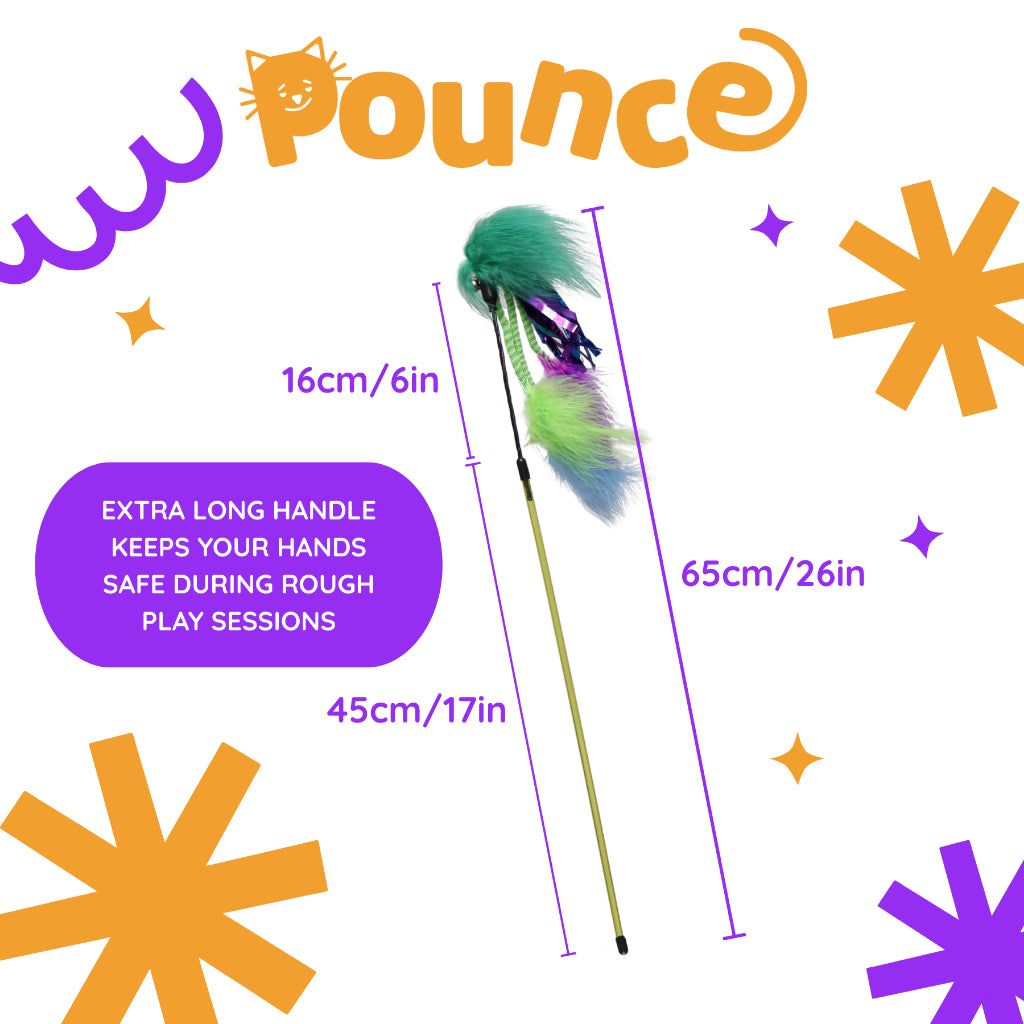 POUNCE CAT Premium Feather Teaser Wand Crinkling Durable Purple Green Cat Toy with Bell and Foil