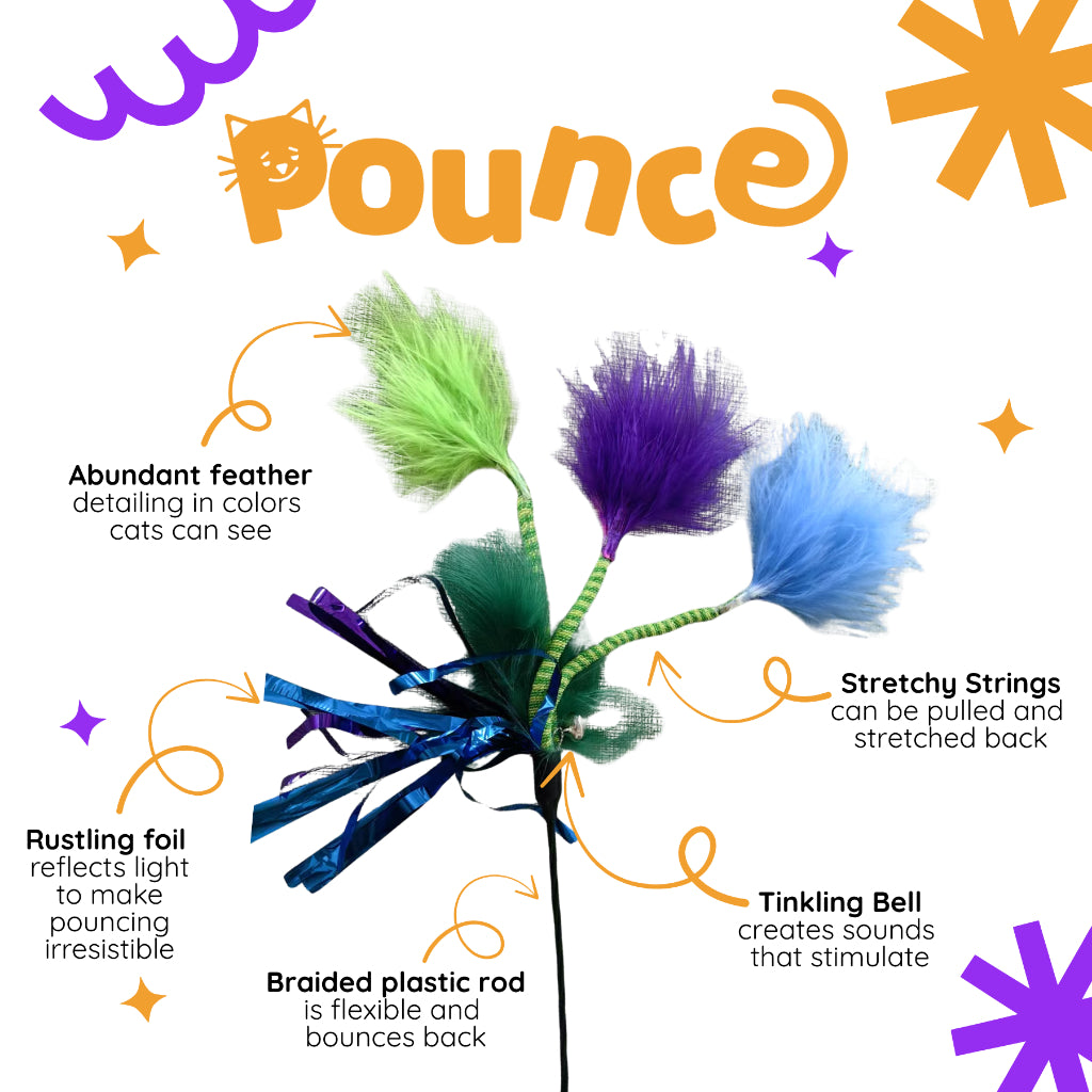POUNCE CAT Premium Feather Teaser Wand Crinkling Durable Purple Green Cat Toy with Bell and Foil