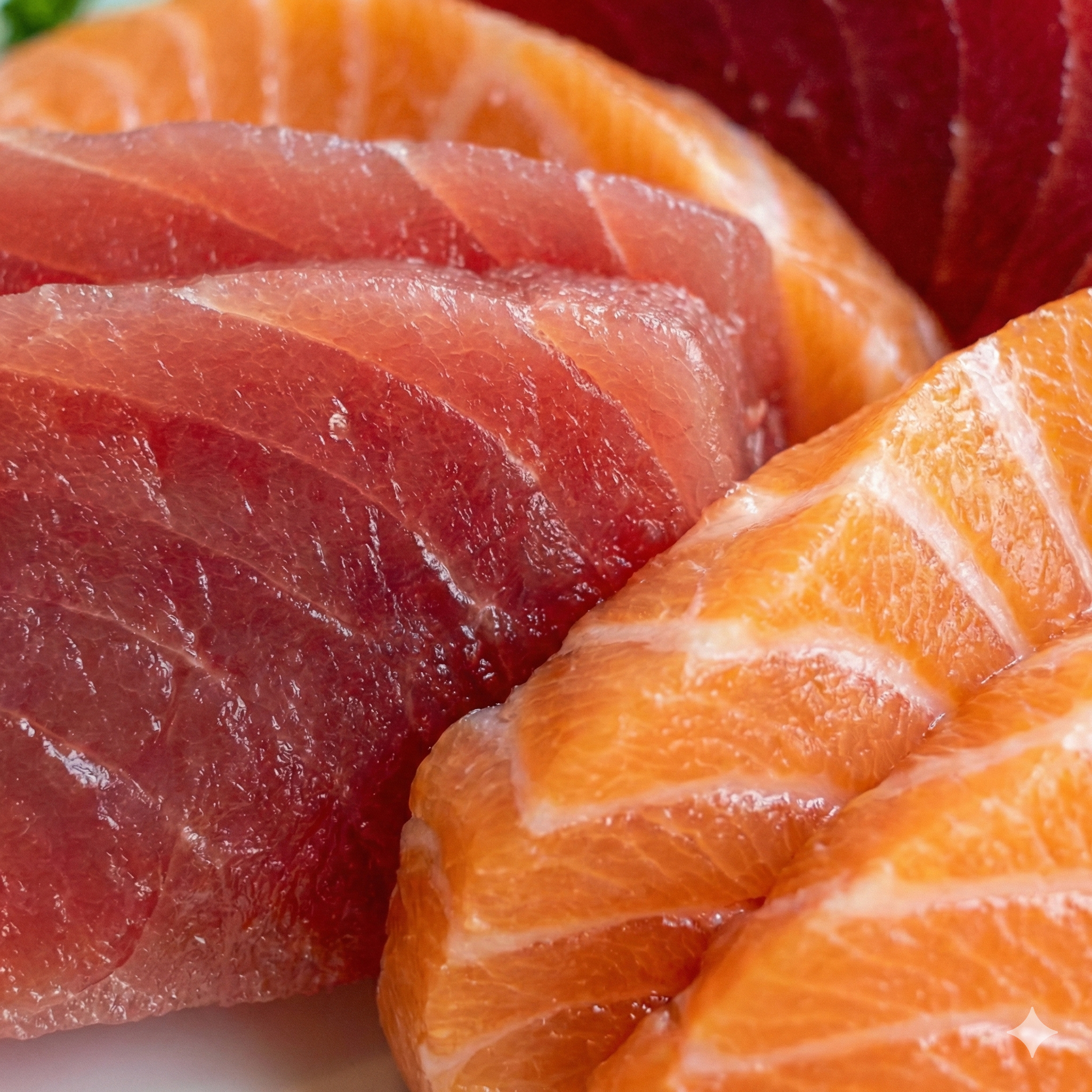 Close-up of sliced raw salmon and tuna on a plate